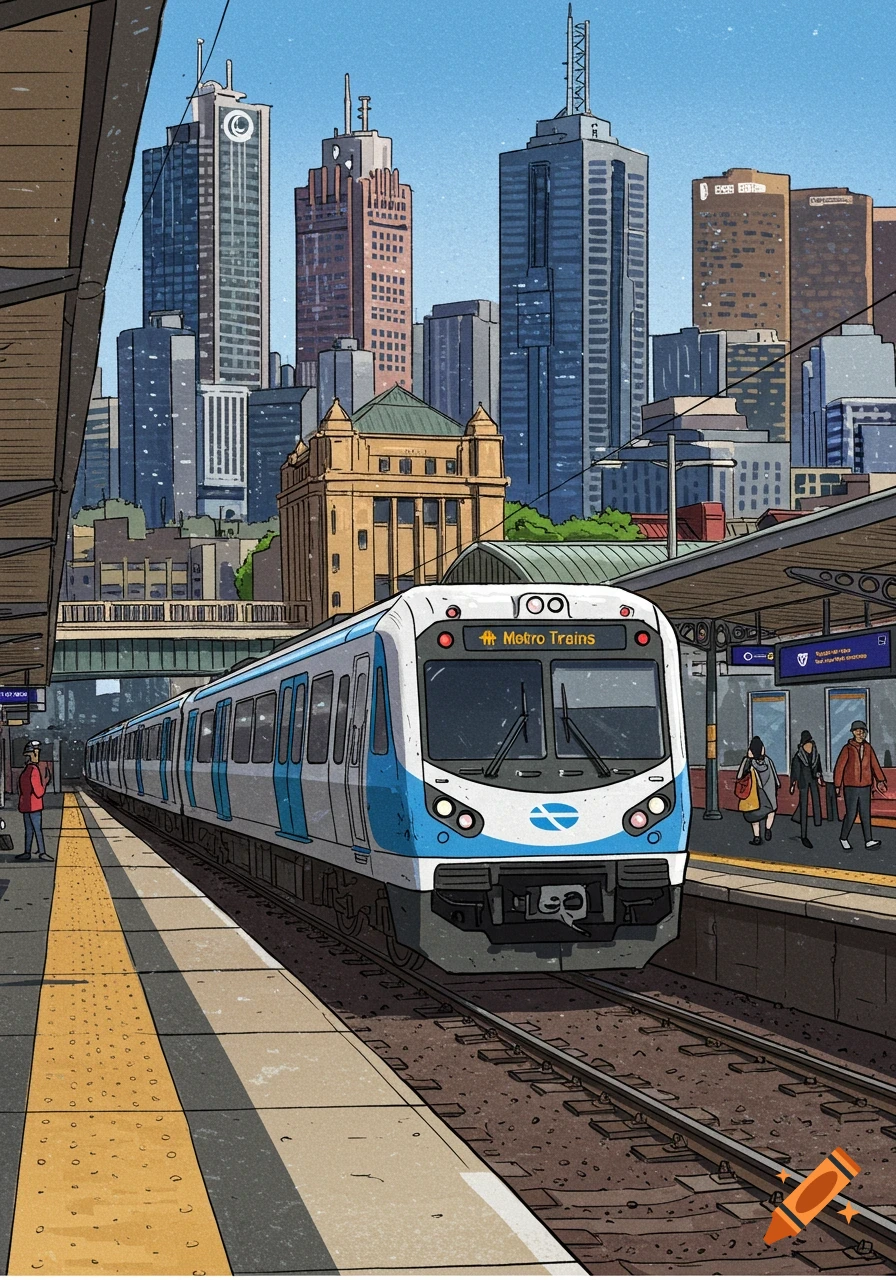 An illustration of a blue and white train at a station platform with a city skyline in the background.