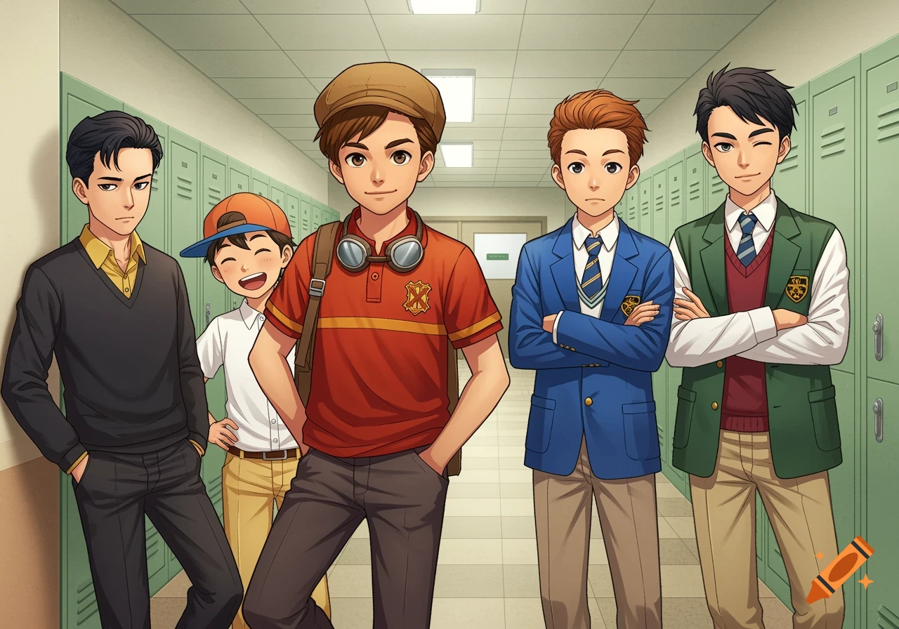 Five diverse anime-style teenage boys in a brightly lit school hallway.
