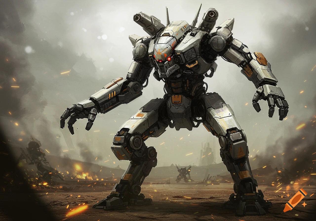 A large, heavily armored gray and orange mecha robot with red eyes stands in a smoky, battle-scarred wasteland with explosions.