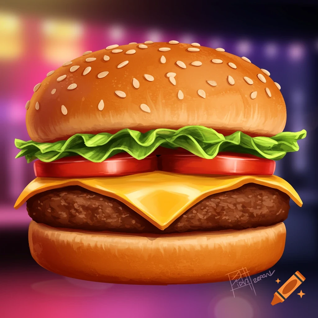 A colorful, stylized cartoon cheeseburger with lettuce, tomato, and cheese on a blurred purple and blue background.