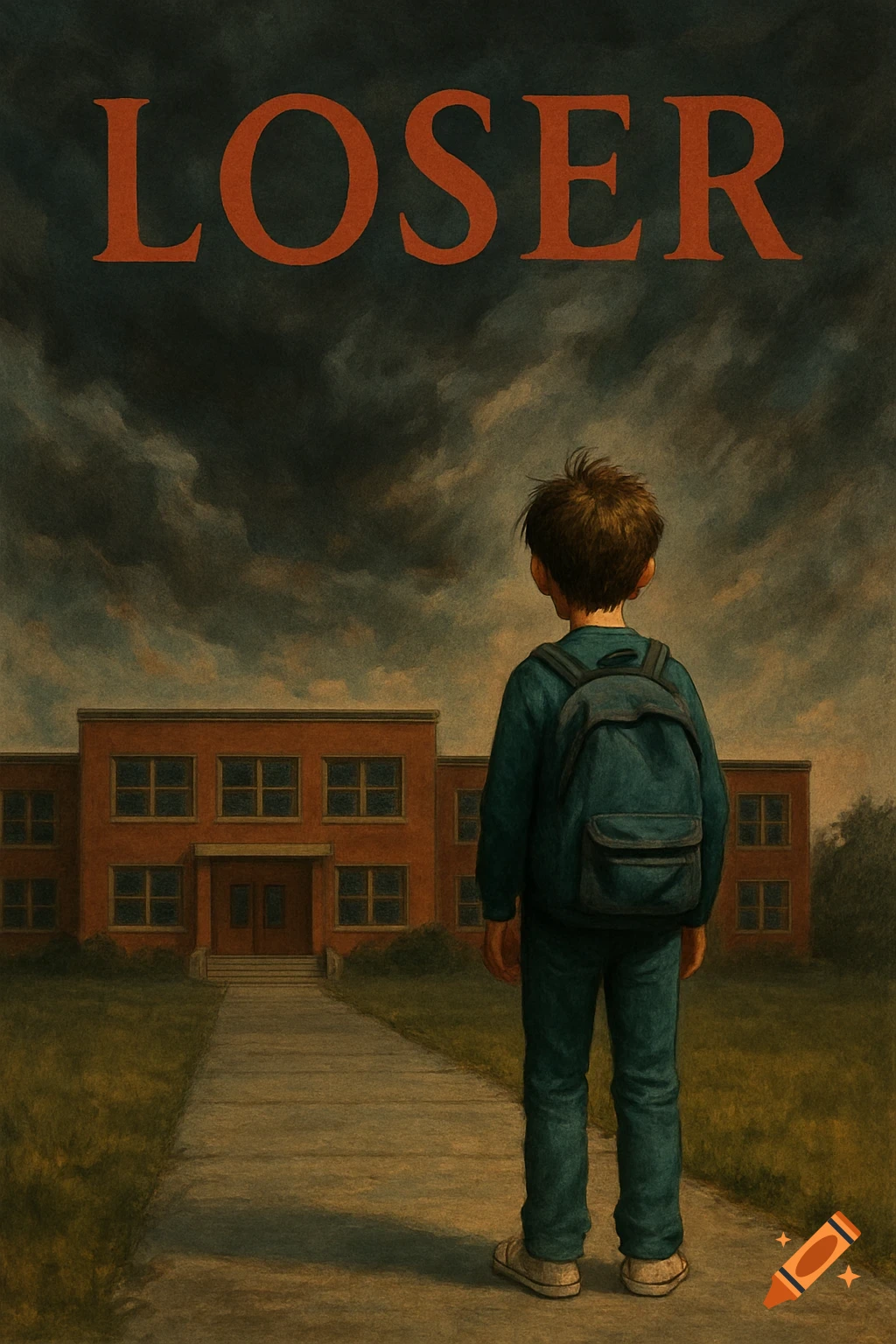 Illustration of a boy with a backpack facing a school under a stormy sky, with the word 'LOSER' above.
