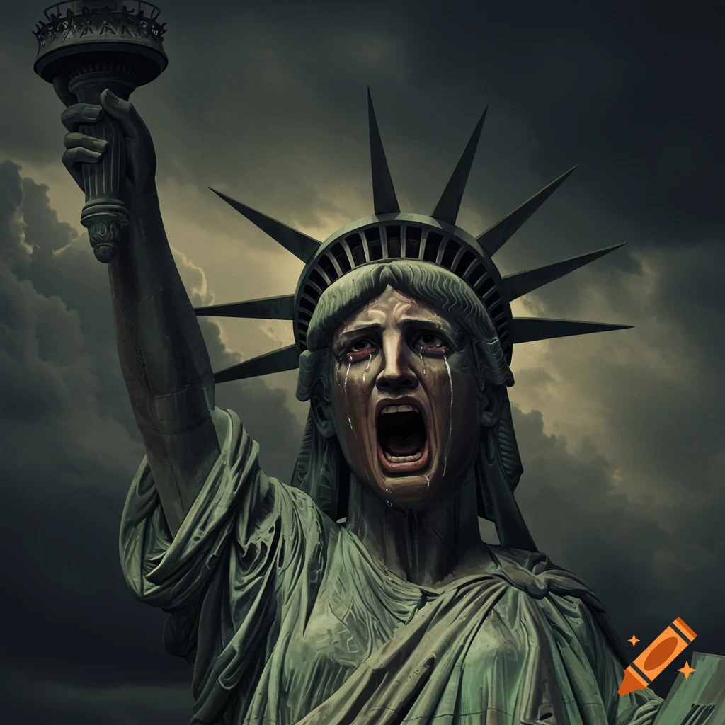 A close-up of the Statue of Liberty with a distressed, screaming face, tears streaming from her eyes, under a dark, stormy sky.