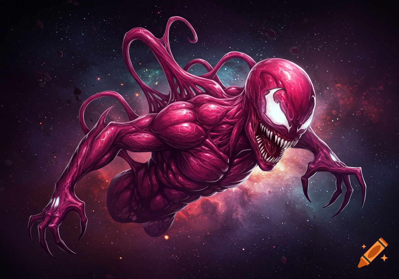 A muscular, red symbiote creature with sharp teeth and claws floats in a cosmic galaxy background.