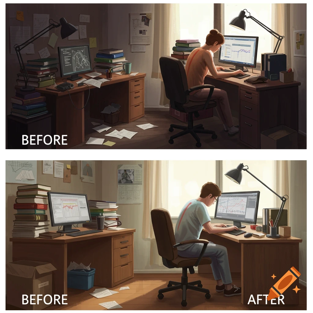 An illustrated before-and-after showing a cluttered, messy workspace with poor posture versus a tidy workspace with good posture.