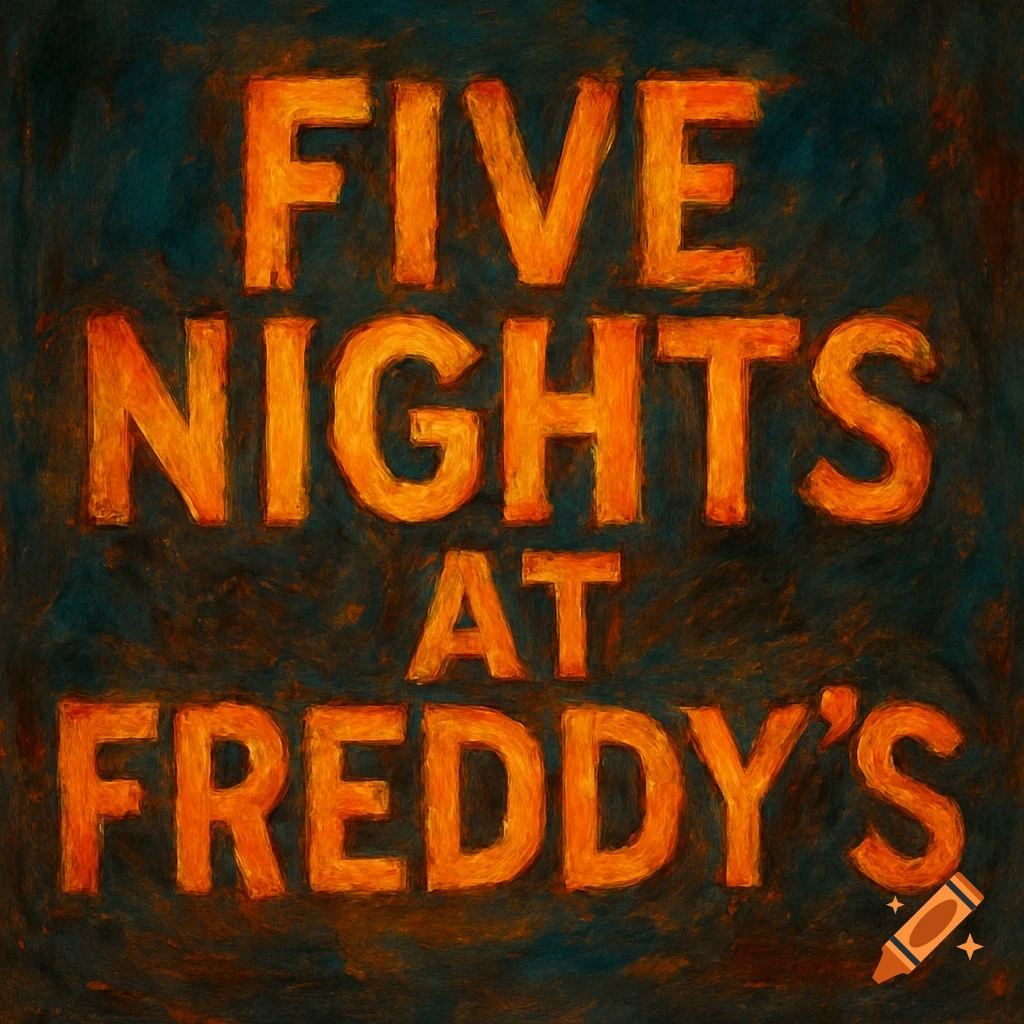 The title 'FIVE NIGHTS AT FREDDY'S' in glowing orange, textured letters against a dark, painterly background.
