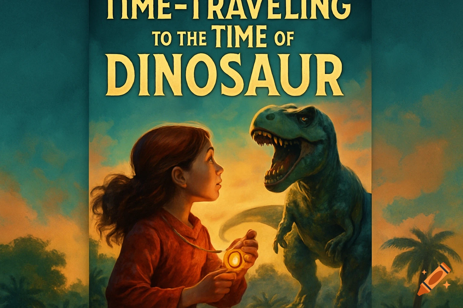 Illustrative book cover of a girl with a glowing amulet facing a T-Rex. Text: TIME-TRAVELING TO THE TIME OF DINOSAUR.