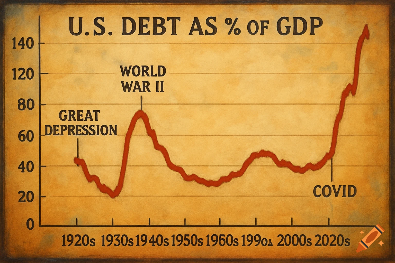 A rustic-style graph plots U.S. Debt as % of GDP from the 1920s to 2020s, highlighting spikes during the Great Depression, World War II, and COVID.