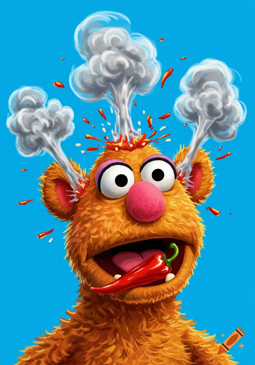 Cartoon Fozzie Bear with smoke coming from his head and ears, tongue out  with a red chili pepper, on a blue background. on Craiyon, image size:896x1280