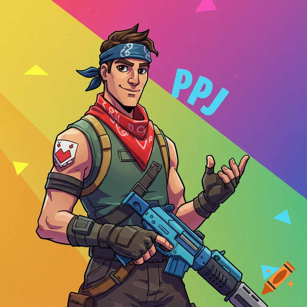 A male Fortnite character in a green vest and red bandana, holding a blue gun, against a rainbow background.