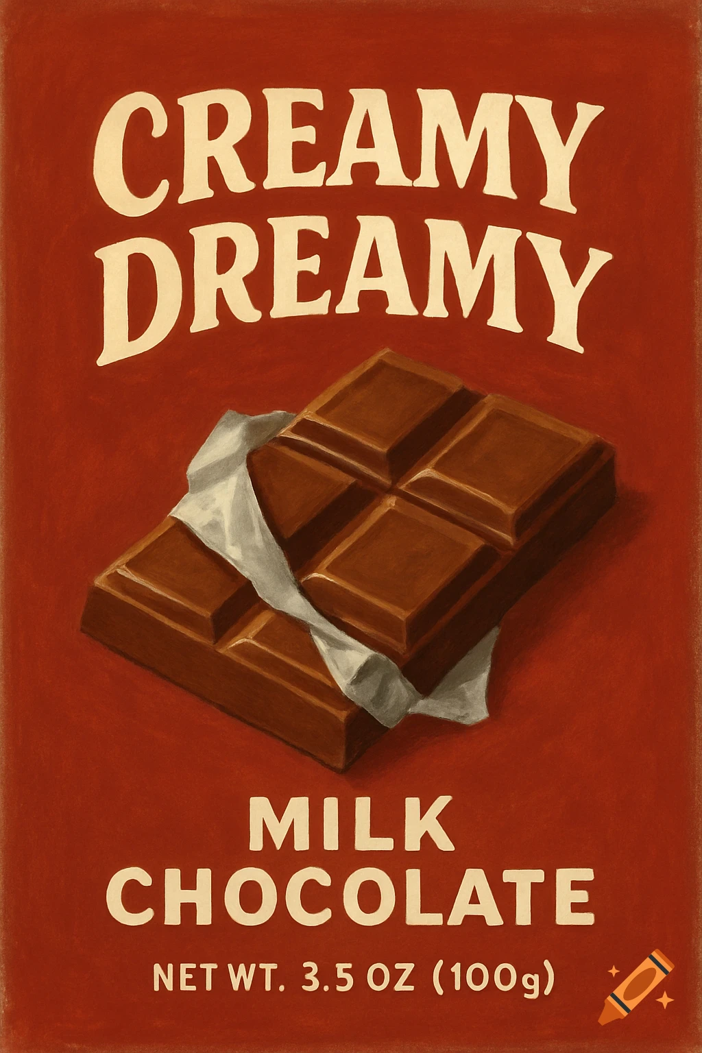 Vintage-style illustration of a chocolate bar wrapper with 'CREAMY DREAMY MILK CHOCOLATE' text.