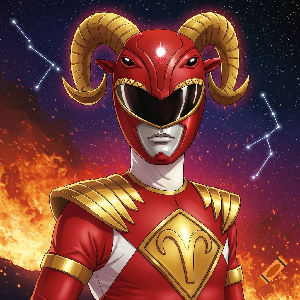 A red Power Ranger-like character with a ram-horned Aries helmet and symbol on chest, against a fiery, starry night sky.