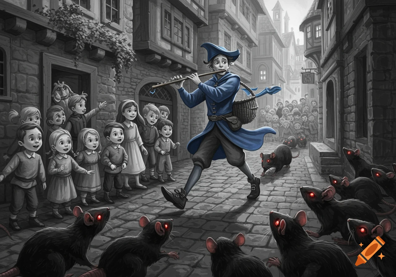 A detailed grayscale illustration of the Pied Piper in a blue outfit playing a flute, leading glowing-eyed rats down an old town street as children watch.