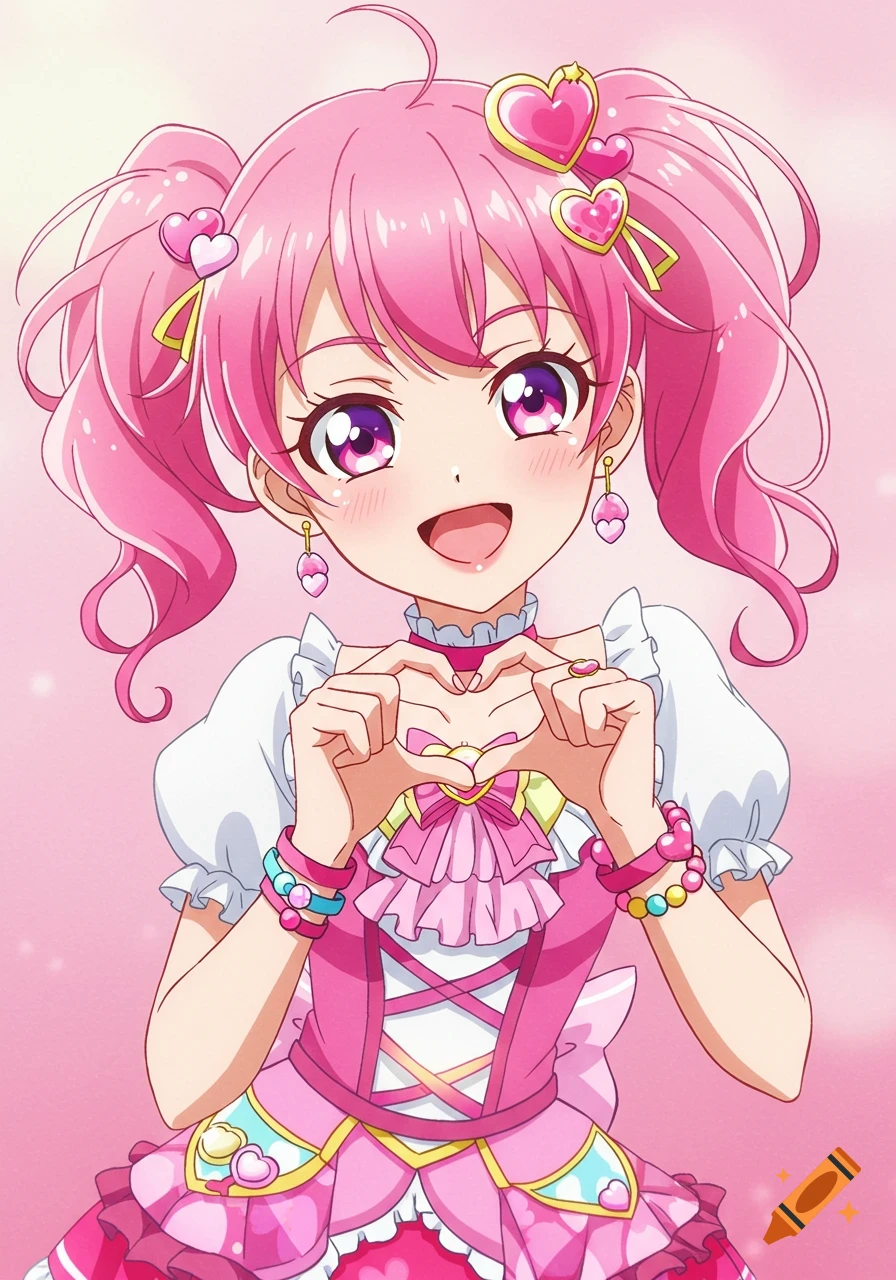 A happy anime girl with pink pigtails and a pink dress makes a heart shape with her hands.
