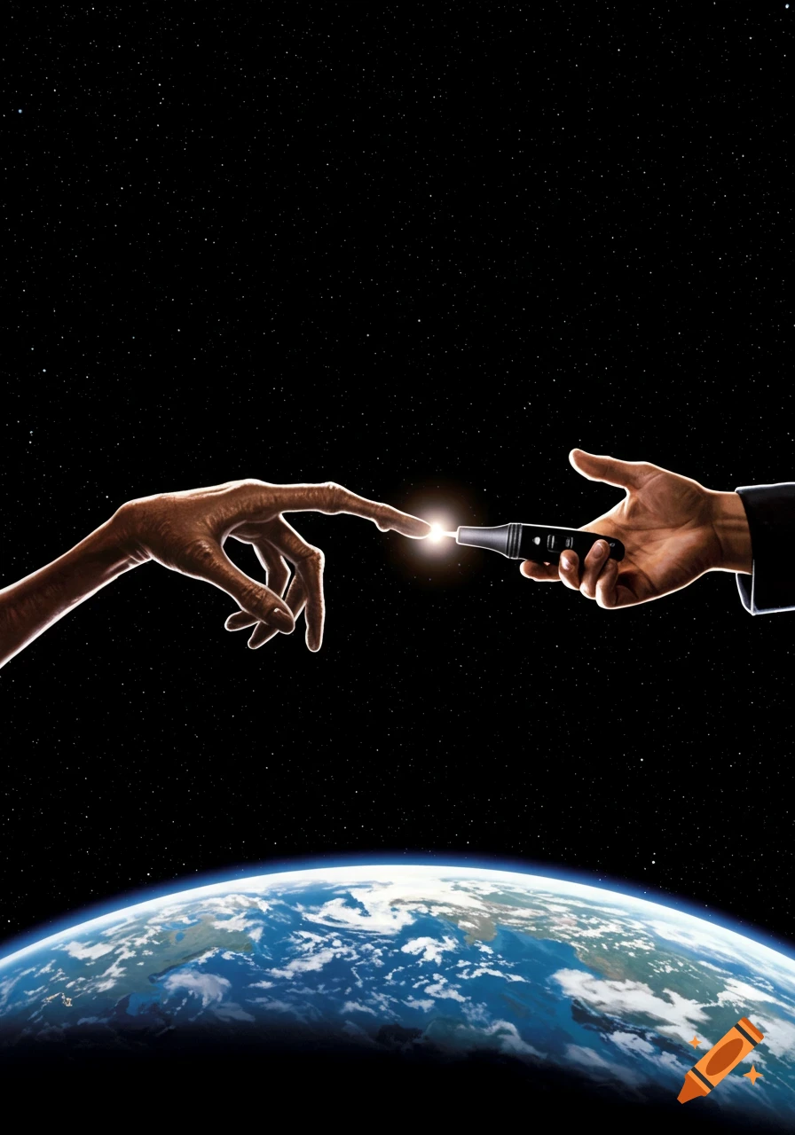 An alien hand and a human hand reach out to touch fingertips in deep space, with Earth visible below, recreating the iconic E.T. movie poster.