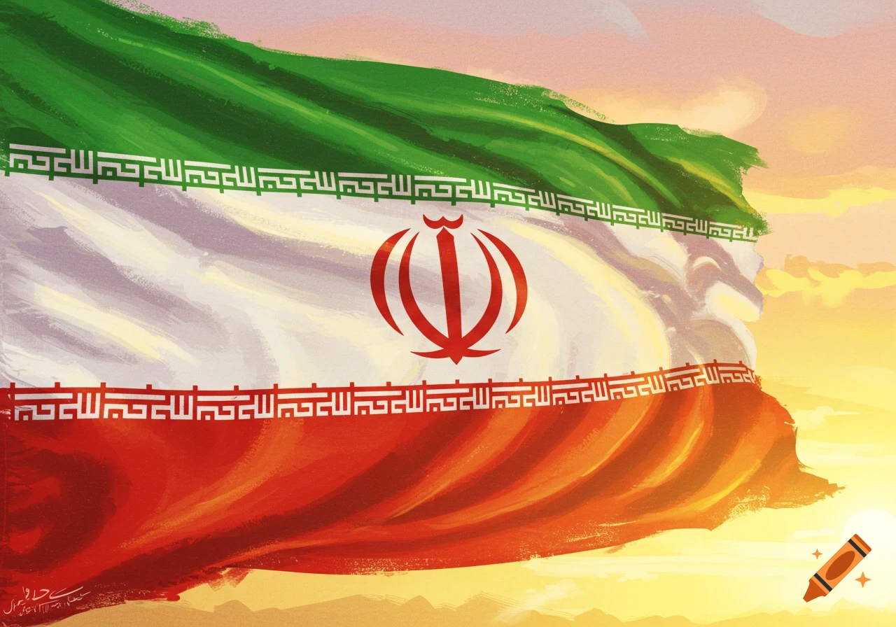 A stylized painting of the Iranian flag with its green, white, and red stripes, waving against a colorful sunset sky.