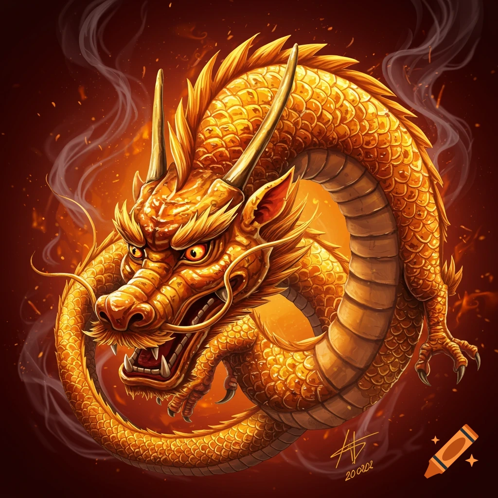 A fierce golden Chinese dragon with red eyes, surrounded by smoke and fire, on a dark background.