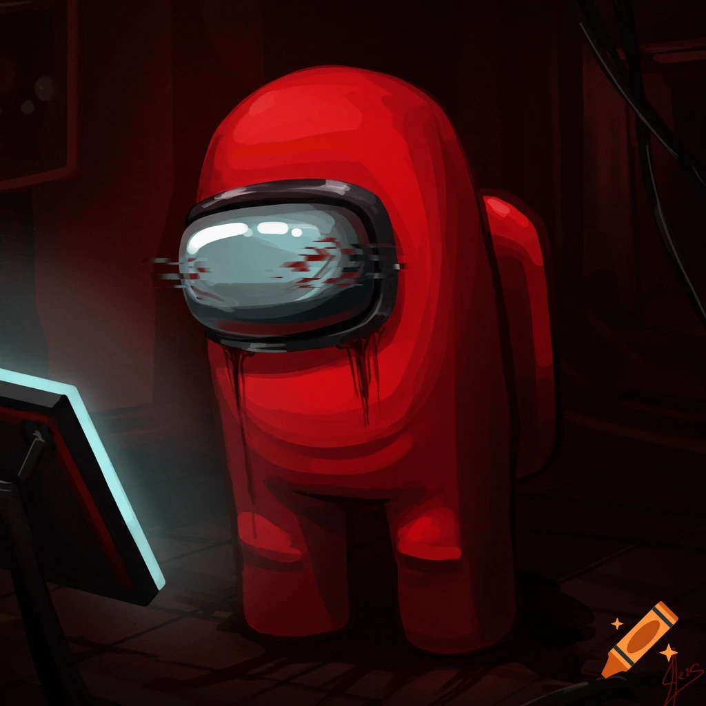 A red Among Us character with blood dripping from its visor and a glitch effect, standing in a dark, ominous room with a glowing screen.
