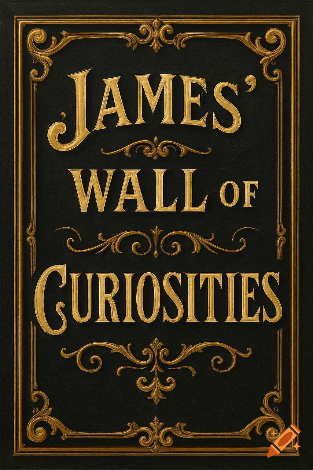 An ornate antique business sign with golden raised letters on a black background, reading 'JAMES' WALL OF CURIOSITIES'.