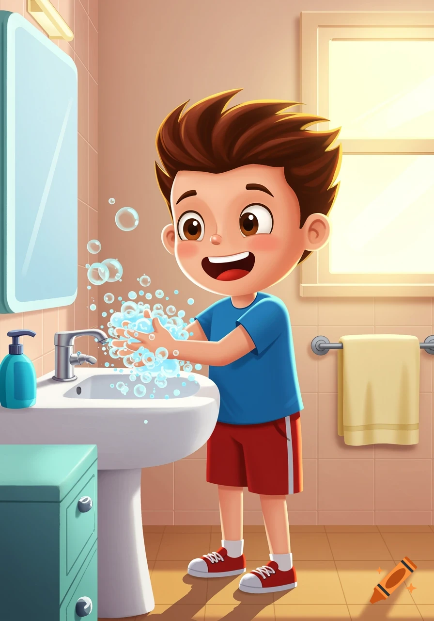 A cheerful cartoon boy washes his hands with soap and water at a sink in a brightly lit bathroom, creating many bubbles.