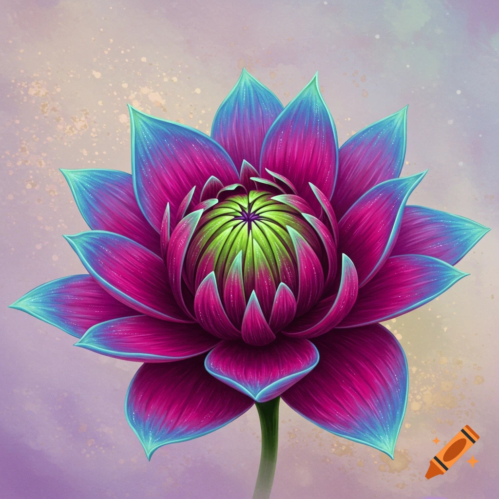 A vibrant, stylized lotus flower with magenta petals outlined in blue and a bright green center.