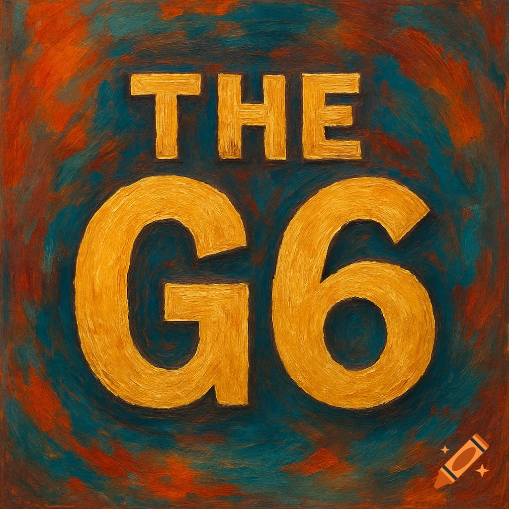The golden text "THE G6" in a thick oil painting style against a textured background of blue and orange brushstrokes.