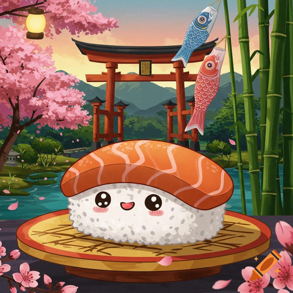 A cute, smiling sushi character on a plate, set against a vibrant Japanese landscape with cherry blossoms, a torii gate, bamboo, and koi flags.