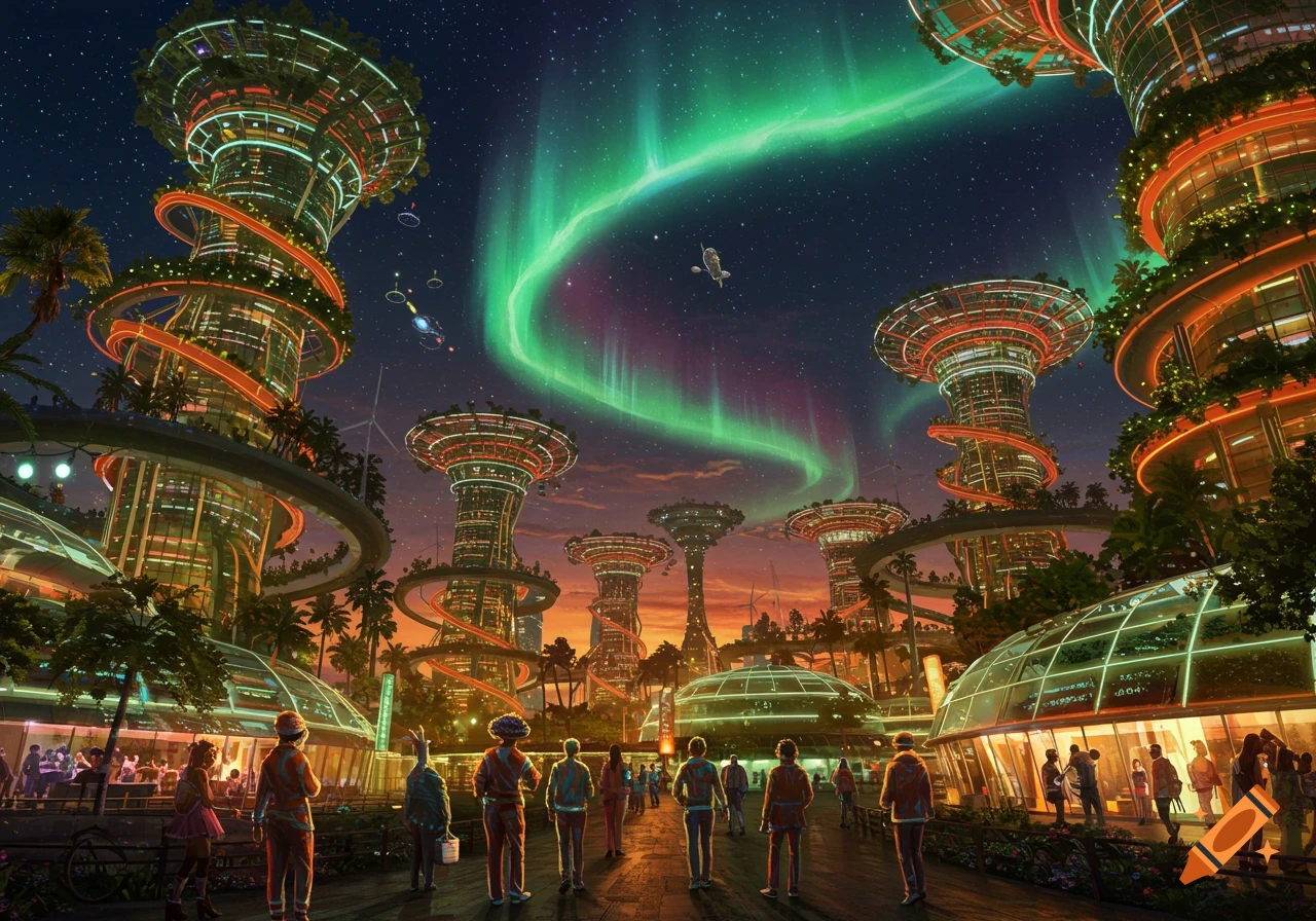 A vibrant solarpunk city at night with lush green buildings, illuminated pathways, and an aurora borealis in the sky.