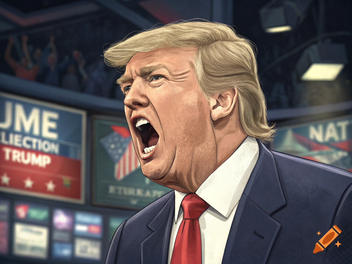 Stylized illustration of Donald Trump shouting passionately at a political event with signs in the background.