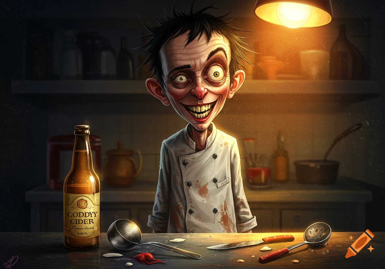 A creepy, thin, cartoonish chef with a wide smile and wild hair stands in a dark kitchen with a bottle of cider.