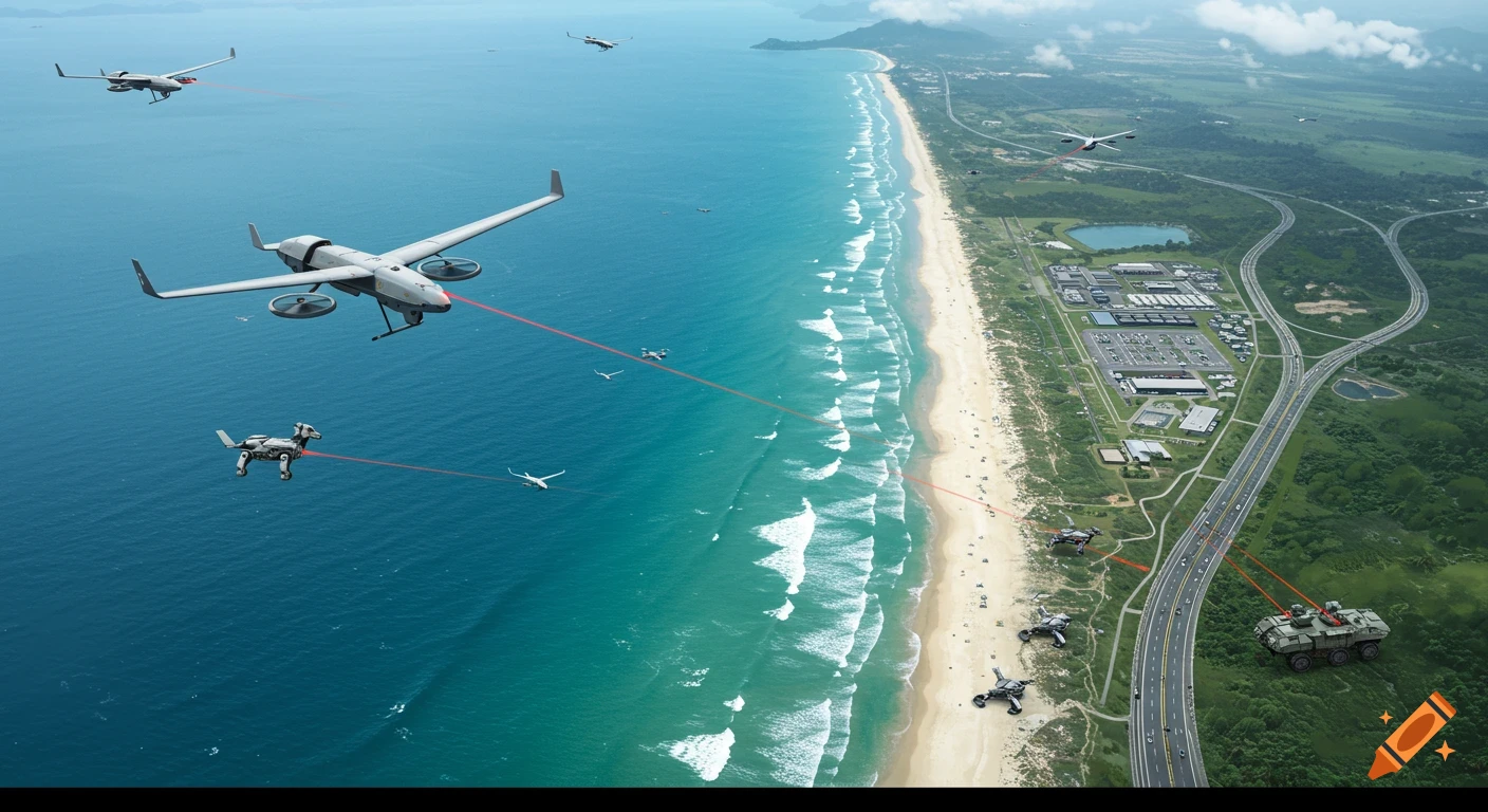 An aerial view of a coastline with a long beach, a highway, and a military base, featuring various military drones and armed vehicles with laser weapons.