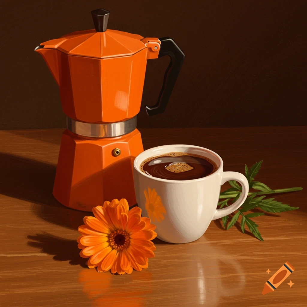 A vibrant still life painting of an orange moka pot, a white coffee cup filled with coffee, and a bright orange flower on a wooden table.