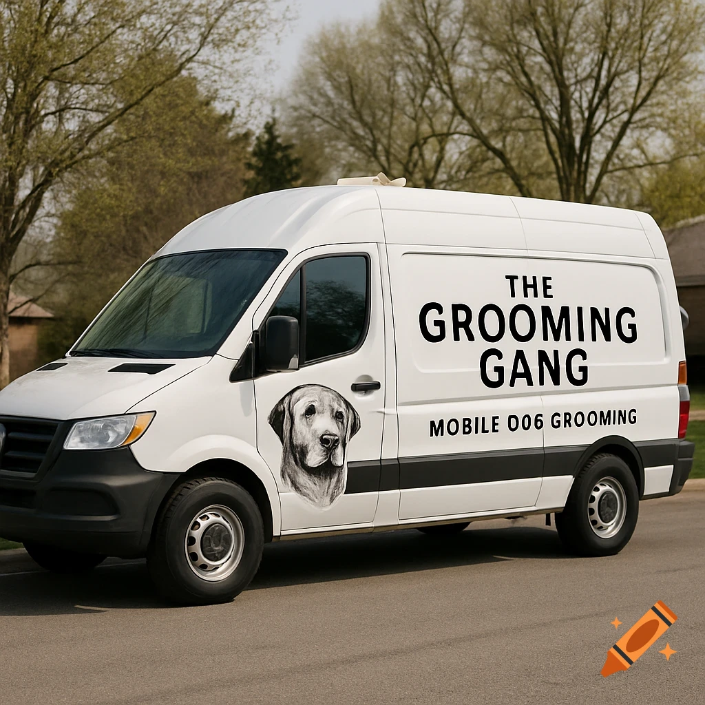 A white mobile dog grooming van with a dog's head illustration and text "THE GROOMING GANG" and "MOBILE D06 GROOMING" on its side, parked on a street.