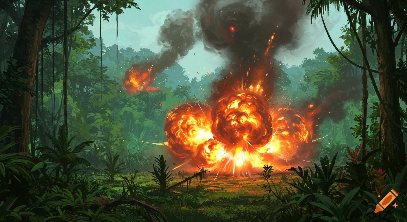 Multiple fiery explosions erupt in a lush green jungle under a hazy sky, with smoke billowing upwards.