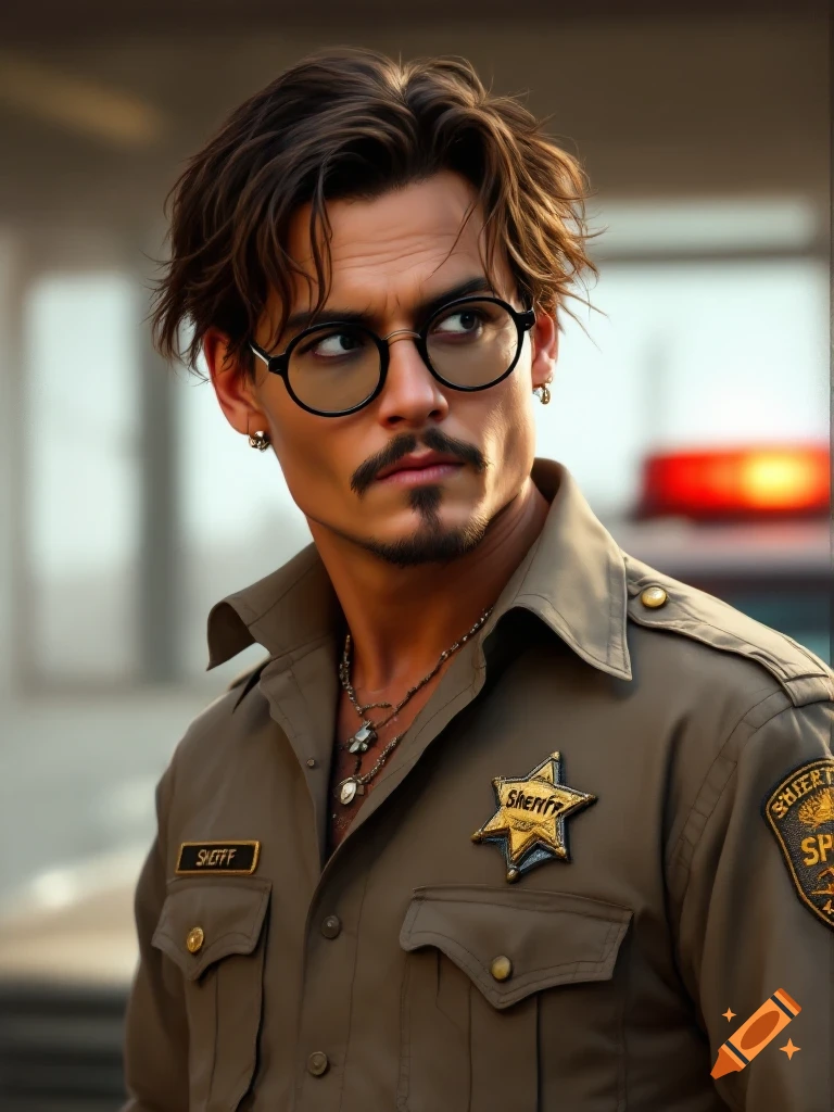 A photorealistic portrait of a young man resembling Johnny Depp, with dark hair and round glasses, wearing a sheriff's uniform.