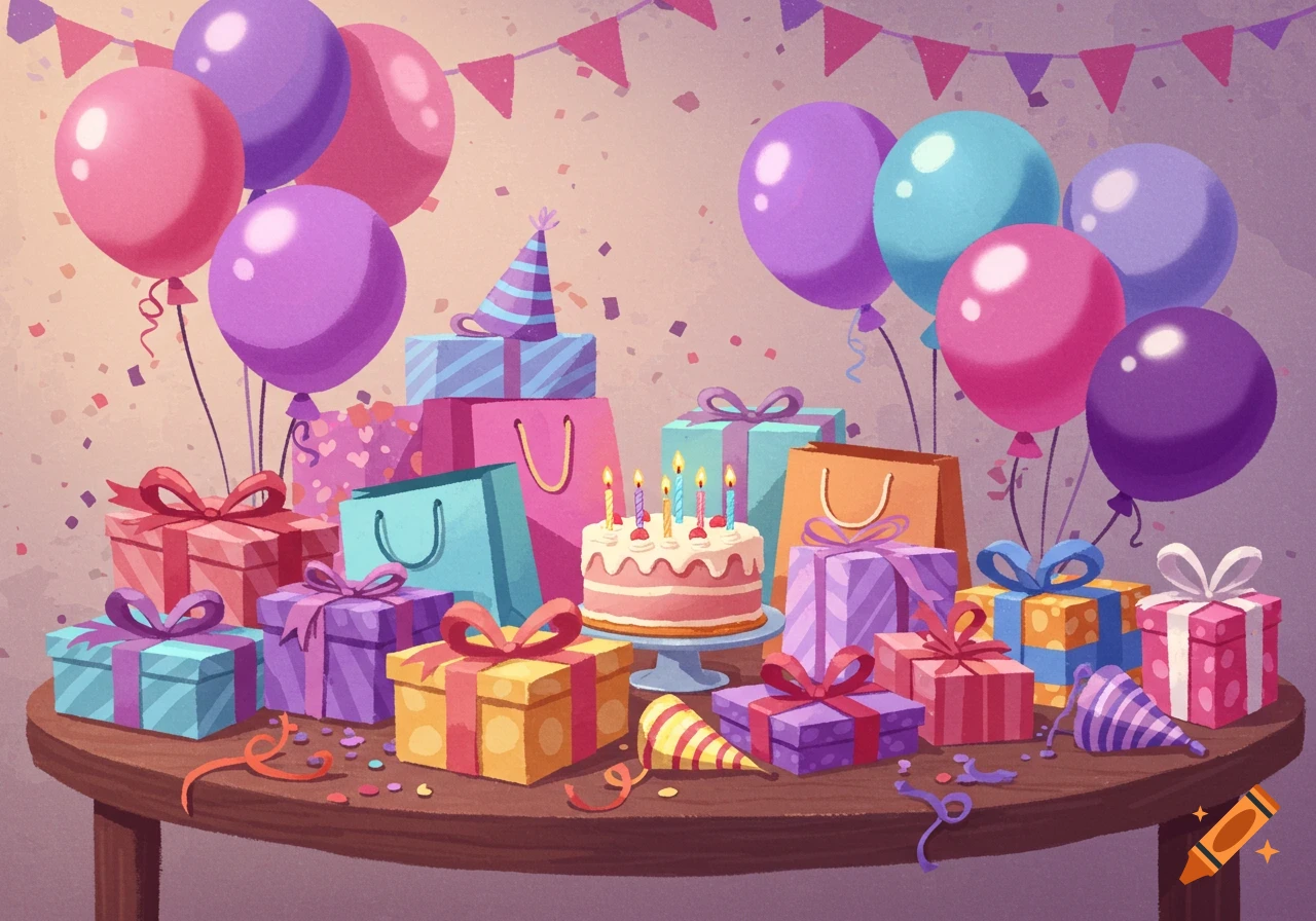 A table filled with colorful birthday presents, gift bags, a pink cake with lit candles, and various balloons.
