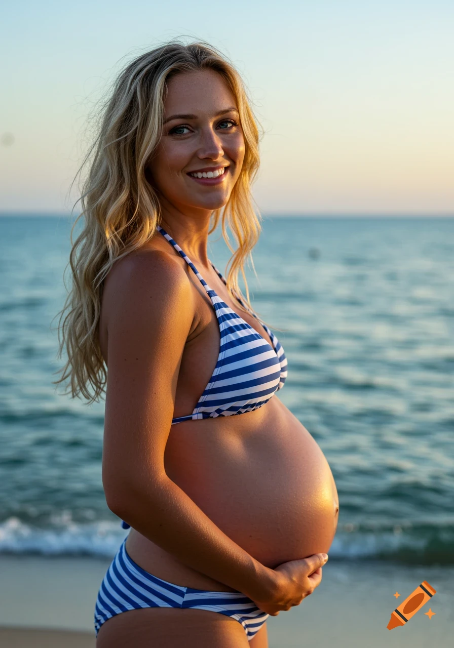 A smiling pregnant woman with blonde wavy hair and a blue and white striped bikini stands on a beach, holding her baby bump. The ocean is in the background.