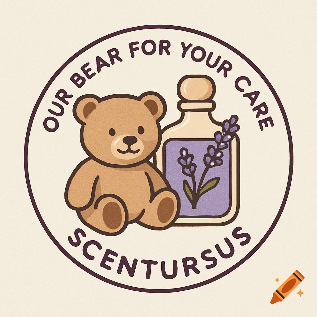 A cartoon logo features a brown teddy bear next to a bottle of perfume with lavender inside, all enclosed in a circle. Text reads 'OUR BEAR FOR YOUR CARE SCENTURSUS'.