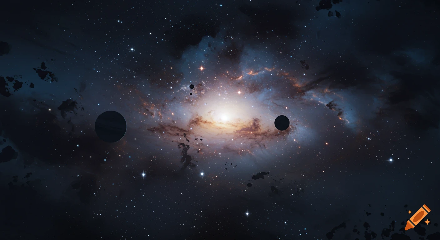 A vibrant spiral galaxy glows brightly in the dark expanse of space, surrounded by numerous stars, distant planets, and scattered cosmic dust.