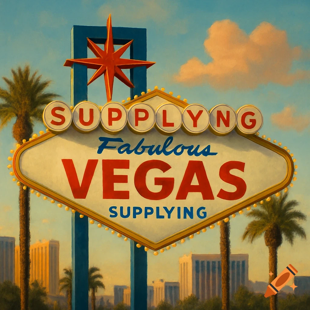 A painting of the iconic Las Vegas sign reading "SUPPLYING Fabulous VEGAS SUPPLYING" under a blue sky with clouds, palm trees, and distant buildings.