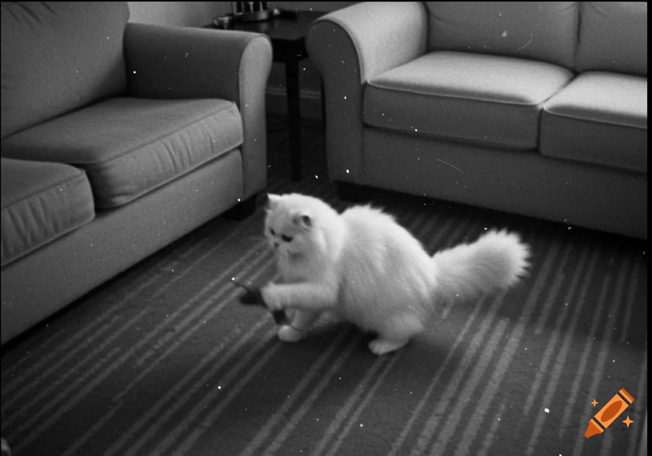 A fluffy white cat plays with a toy on a striped rug between two couches in a black and white image.