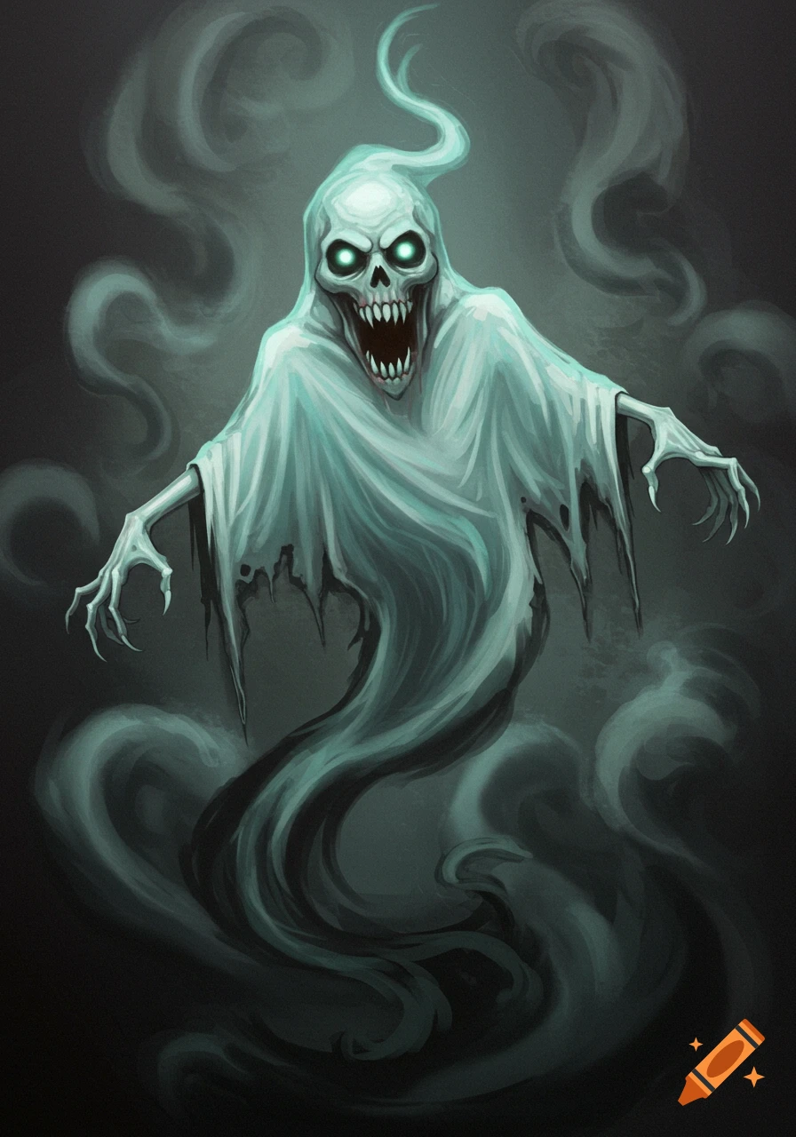 A creepy, pale ghost with glowing green eyes and sharp teeth, draped in a tattered shroud, floats on a dark, smoky background.