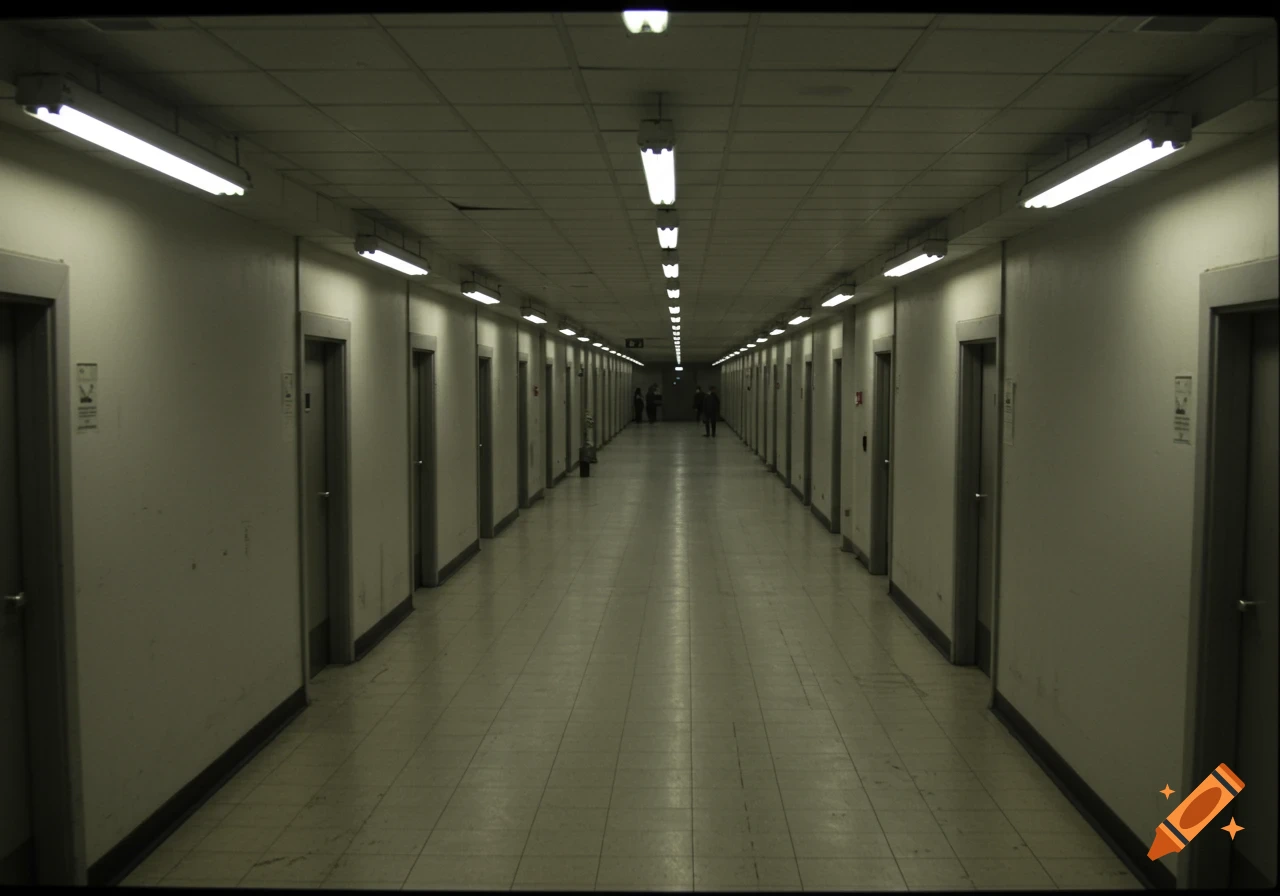 A long, dimly lit, eerie corridor with rows of fluorescent lights on the ceiling and numerous doors on either side, resembling CCTV footage.