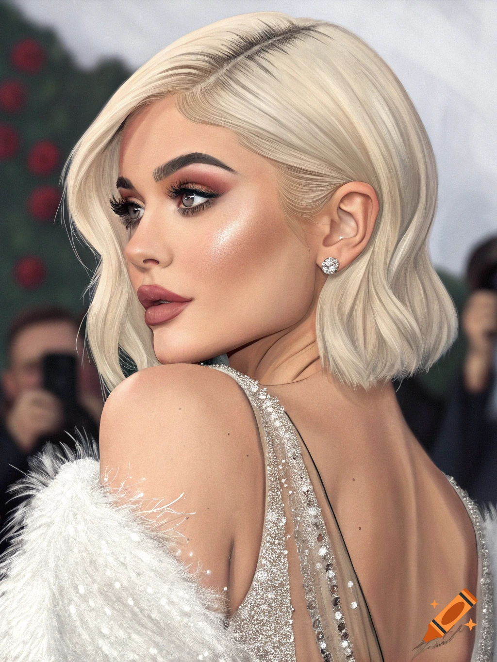 Blonde woman in a sparkling dress and feathered boa looks over her shoulder at a red carpet event. Photorealistic portrait.
