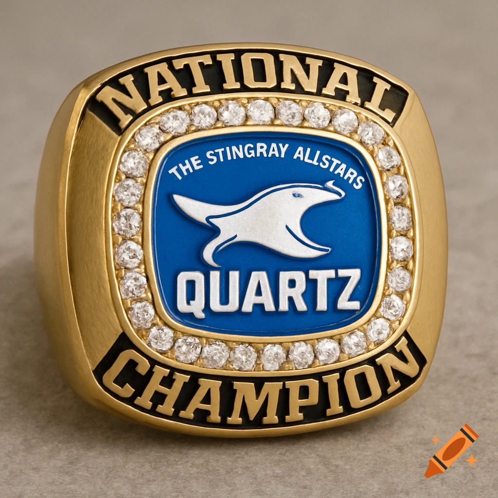 A close-up, high-quality photorealistic image of a gold championship ring with a blue enamel center featuring a white stingray logo, surrounded by diamonds. Text on the ring reads "NATIONAL CHAMPION" and "THE STINGRAY ALLSTARS QUARTZ".
