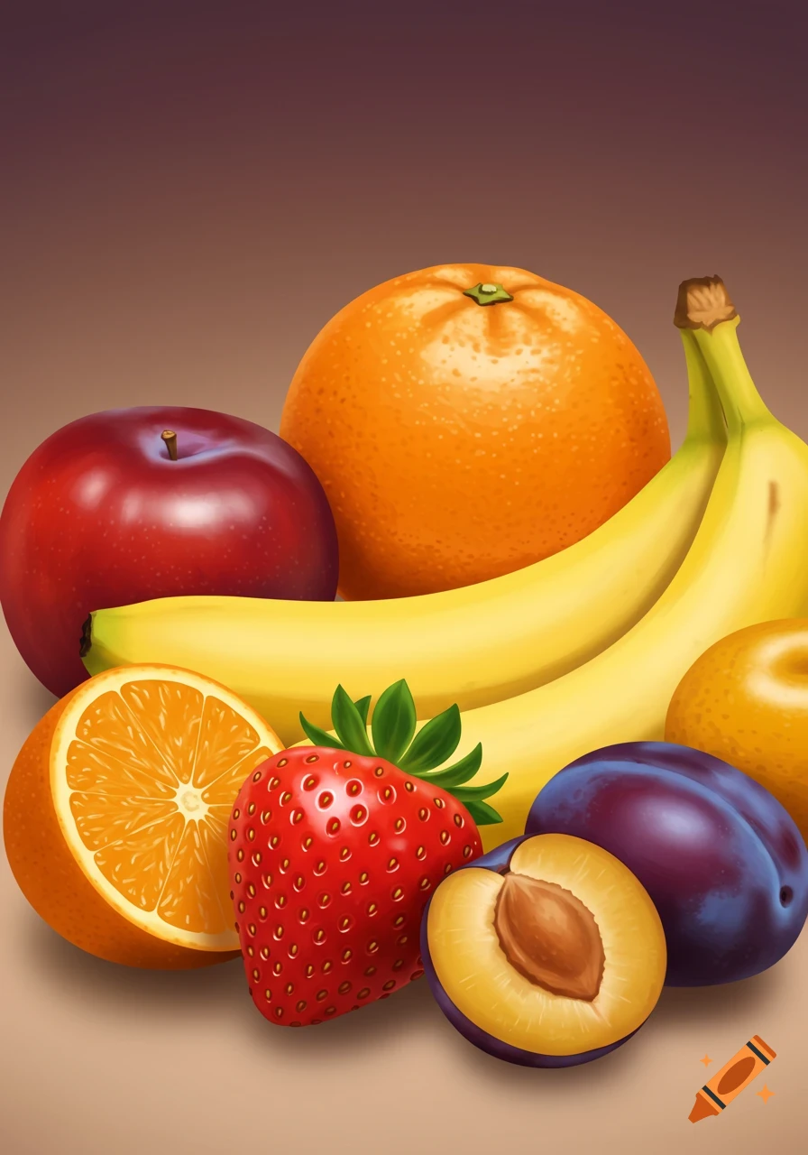 A vibrant still life illustration of various ripe fruits, including oranges, bananas, plums, a red apple, and a strawberry.