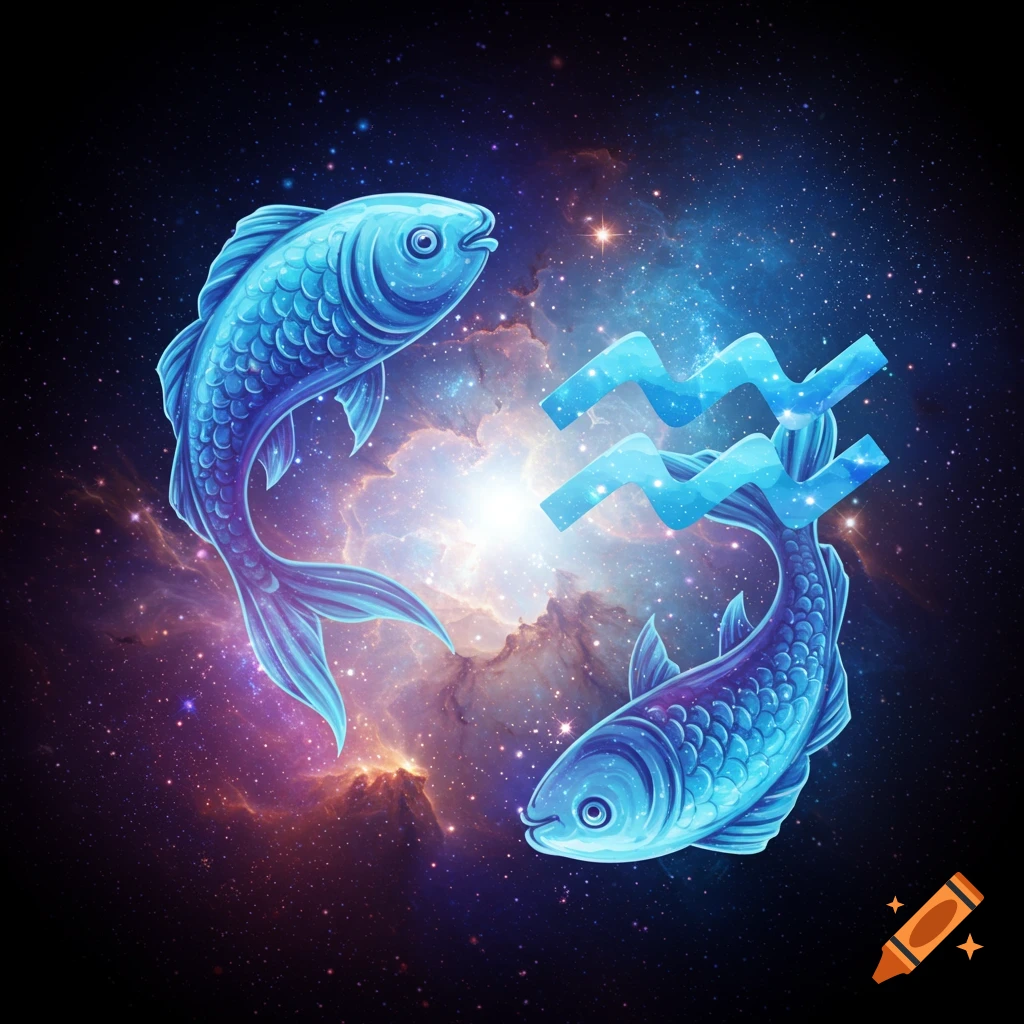 Two stylized blue fish and two blue Aquarius symbols float in a vibrant cosmic background filled with stars and nebulae.