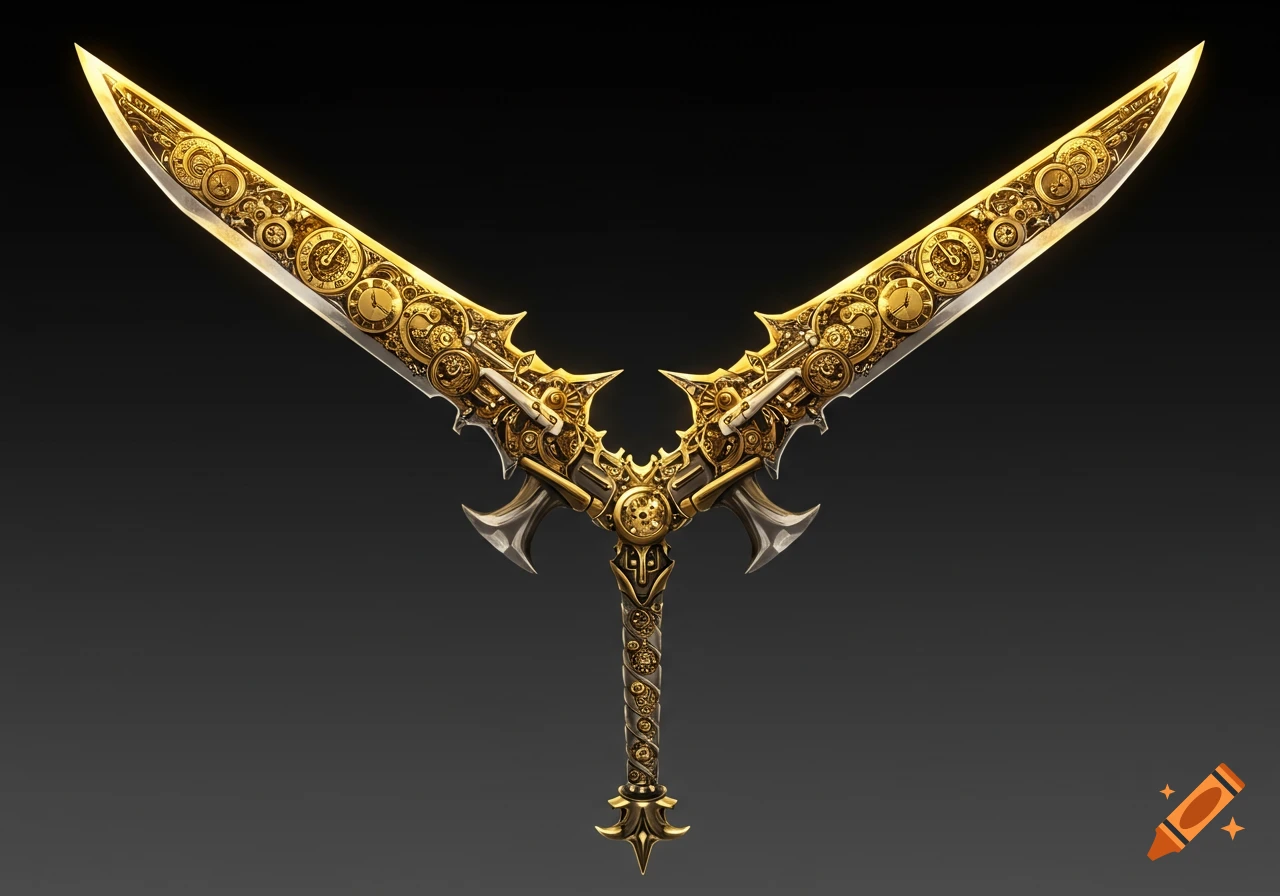 A golden, ornate steampunk-style twin blade weapon, intricately decorated with clock faces and gears, against a dark background.
