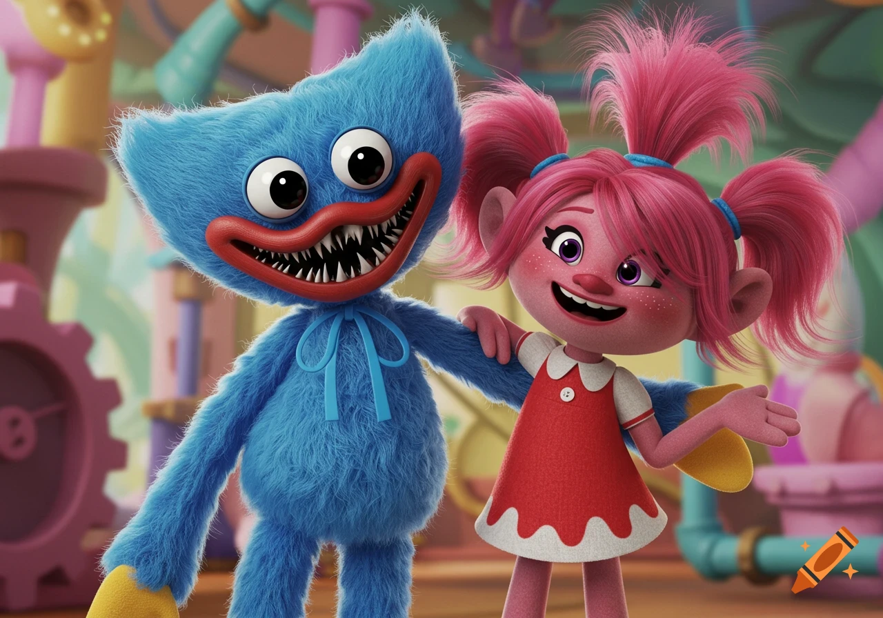A blue furry monster with a wide, toothy grin stands beside a pink-haired troll-like girl smiling, in a 3D animated style.
