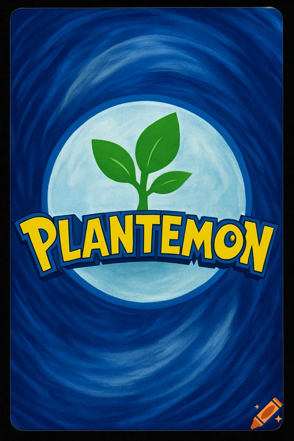 A stylized Pokémon-like trading card back features a green plant sprout above the yellow word 'PLANTEMON' on a blue swirl background with a black border.