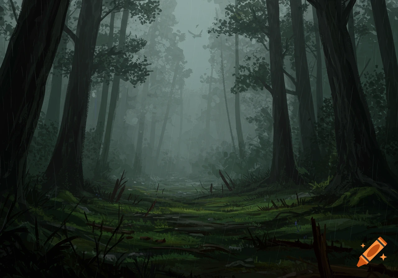A dark, misty forest with tall trees and a green, mossy ground. Rain is visible falling through the hazy light.